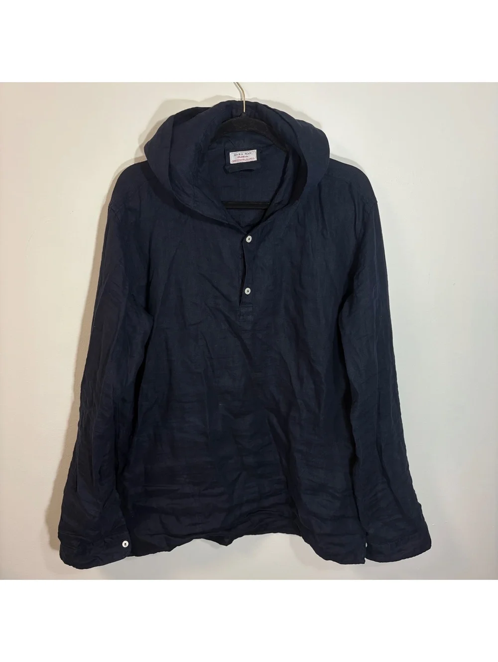 Zara Man Demin Couture Black 100% Linen Hooded Henley Long Sleeve Size Large 42